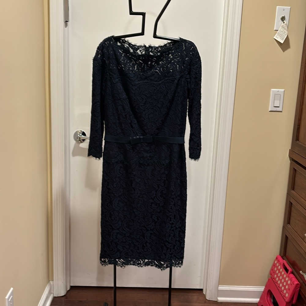 Tadashi Shoji navy boat neck 3/4 sleeve full lace belted sheath dress